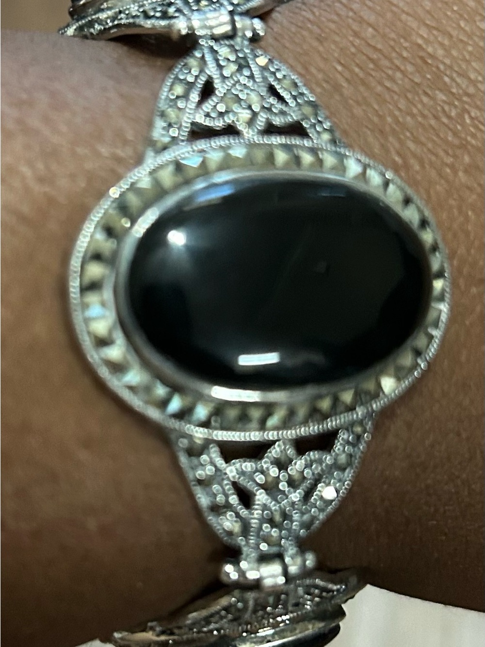 Vintage Sterling Silver 925 Onyx Marcasite Art Deco Style Link Bracelet - Picture 2 of 4